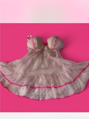 Victoria's Secret Pink Sheer Lace Babydoll with Hot Pink Trim